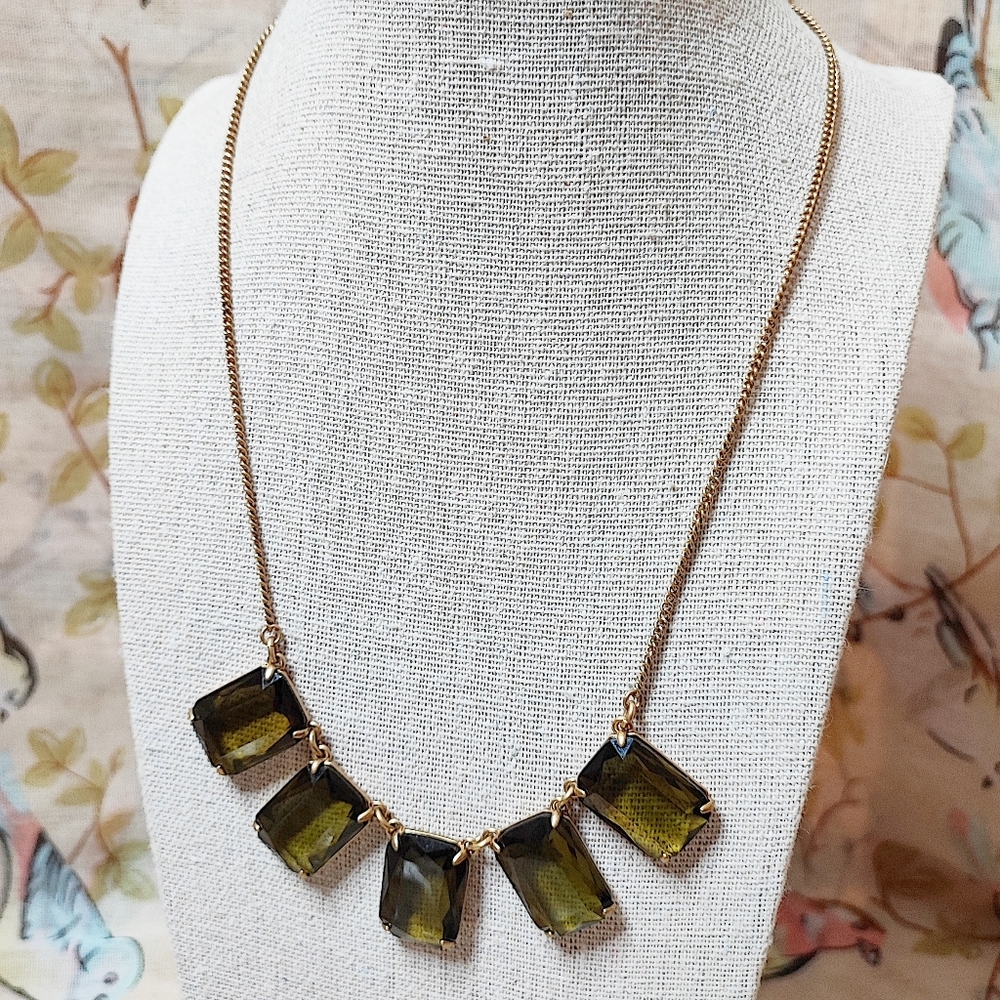 J. Crew Olivine Statement Necklace Green Emerald Cut Faceted Beveled Stones EUC